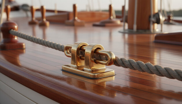 Polished bronze turnbuckle and rigging rope on classic wooden sailing yacht
