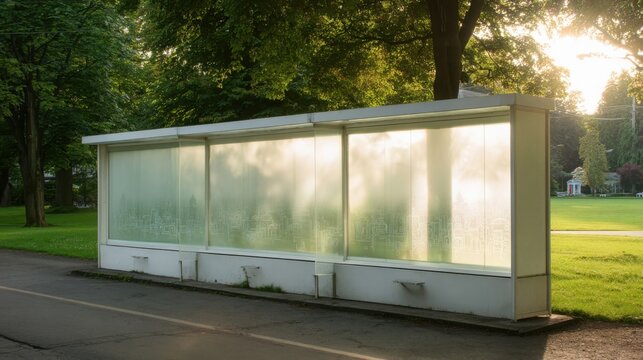 Modernized bus stop shelter with frosted glass elements bathed in sunlight