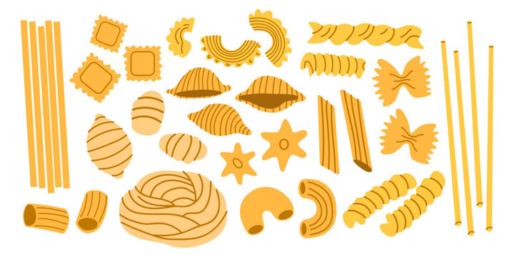 Different Italian pasta types set in cartoon doodle style. Vector illustration of penne, fusilli, farfalle, ravioli, spaghetti and macaroni. Traditional pasta shapes for culinary design, stickers