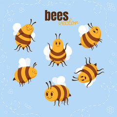 Fototapeta premium Cute Cartoon Honey Bee Characters Set, Funny Flying Bees Vector Illustration