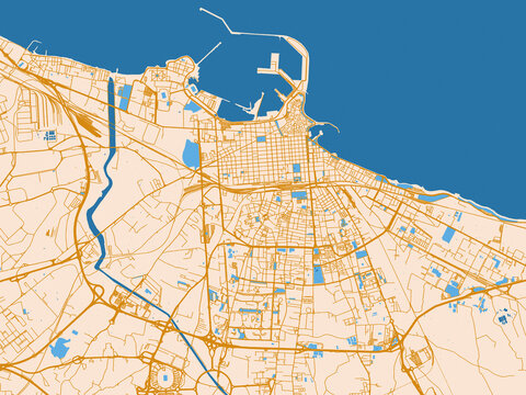 Street map of Bari, Italy in cream map with golden roads