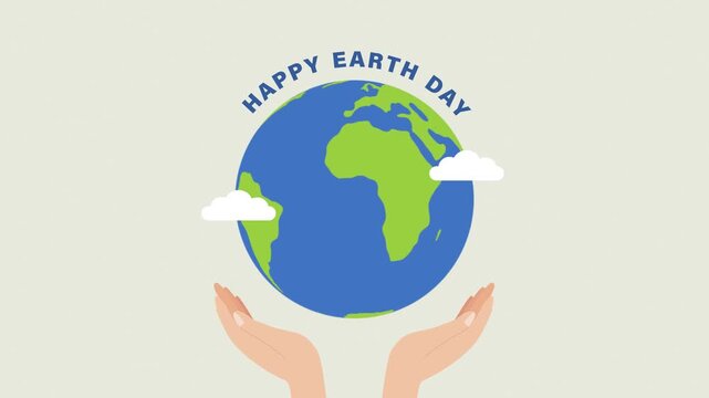 Happy Earth Day greeting animation with hands holding planet Earth.