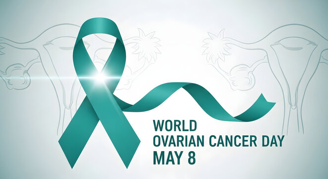 A teal ribbon symbolizes ovarian cancer awareness with a medical illustration and event details high quality