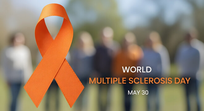 An orange ribbon prominently displayed with blurred figures and text promoting multiple sclerosis day high quality