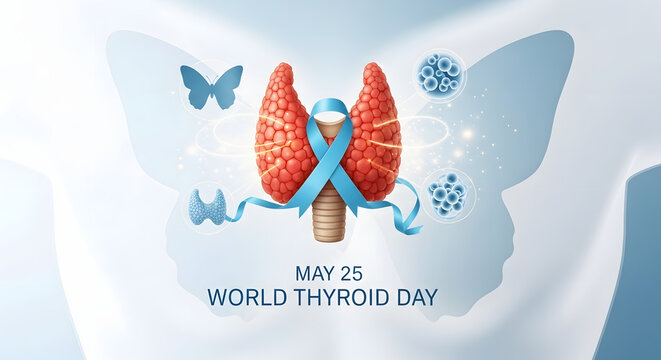 Illustration of a human thyroid gland with a blue ribbon symbolizing world thyroid day awareness