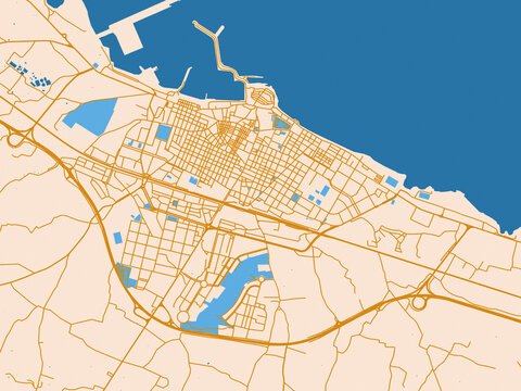 Cartographic city illustration of Molfetta, Italy &mdash; soft ivory map base with ochre-gold streets and clear blue water shapes for crisp contrast