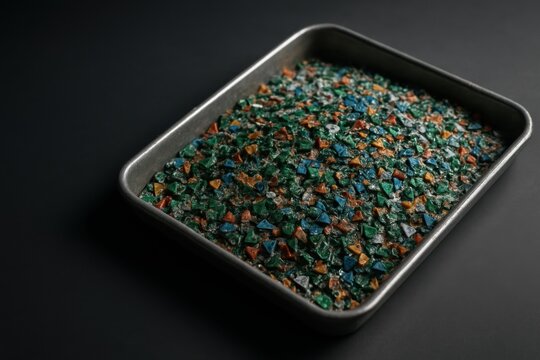 Tray filled with colorful crushed electronic waste fragments showing recycled materials from circuit boards in industrial context
