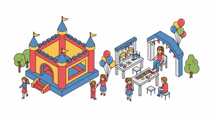 Obraz premium Flat Vector Illustration of Festive Playground with Bouncy Castle, Children, Balloons, and Celebratory Atmosphere