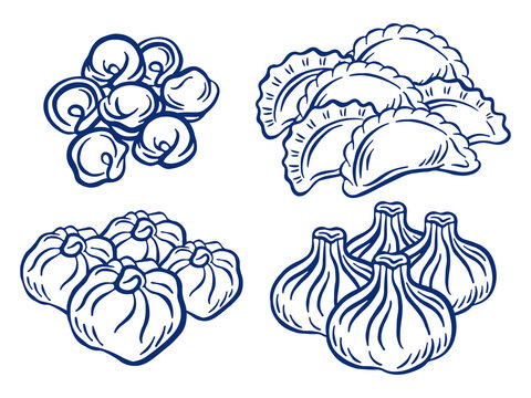 Set of hand drawn traditional dumplings: pelmeni, vareniki, Georgian khinkali and Asian manti. Isolated vector blue line art