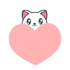 Fototapeta premium A cute cartoon fox peeking out from behind a large pink heart on a white background