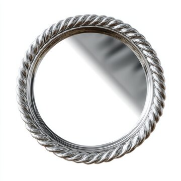Round silver mirror with rope-patterned frame reflection
