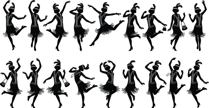 Flapper dancers silhouette set in vintage 1920s style, Charleston dance poses, retro party theme, elegant female figures, black vector illustration collection