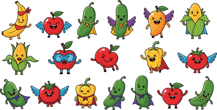 Cute fruit and vegetable superhero characters set with capes and wings, funny healthy food mascots collection for kids illustration, stickers and playful vector design