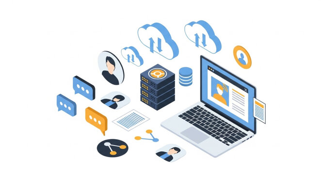 Isometric Illustration of Cloud Computing and Data Management System.