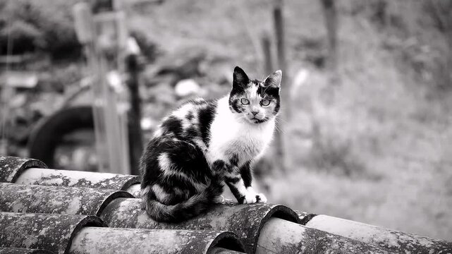 Calico cat on metal pipes outdoors