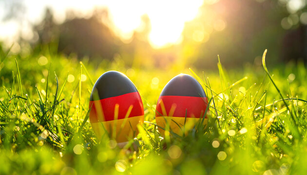Two vibrant easter eggs, adorned with the german flag colors, rest nestled in dew-kissed green grass under the warm glow of a golden sunset.