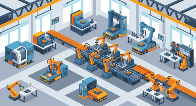 Automated Factory Production Line with Robotic Arms and Machinery.