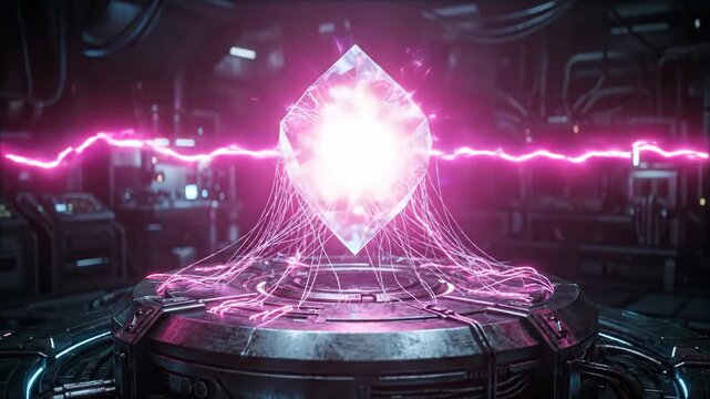 Futuristic crystal levitating on a high tech pedestal in a science laboratory. Powerful pink neon energy beams activate the mysterious device