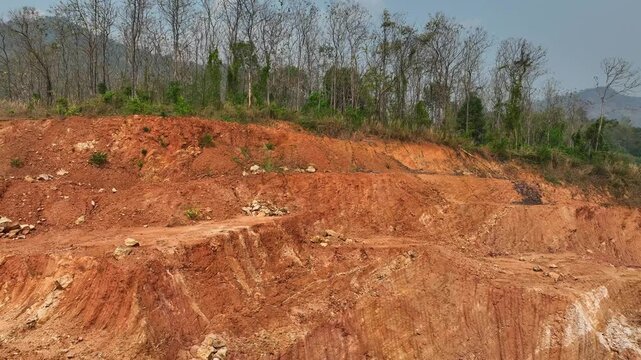 Aerial drone view of deforested land and exposed soil erosion, highlighting environmental degradation, unsustainable land use, and the global urgency for conservation and reforestation efforts.
