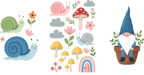 Fototapeta premium Cute garden gnome with snails, mushrooms and flowers set, whimsical fairy tale elements collection for kids illustration, nursery decor and fantasy vector design