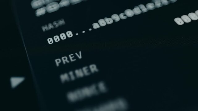 Chain of blocks with genesis block, full hash and previous hash display, miner info, nonce, and transaction count