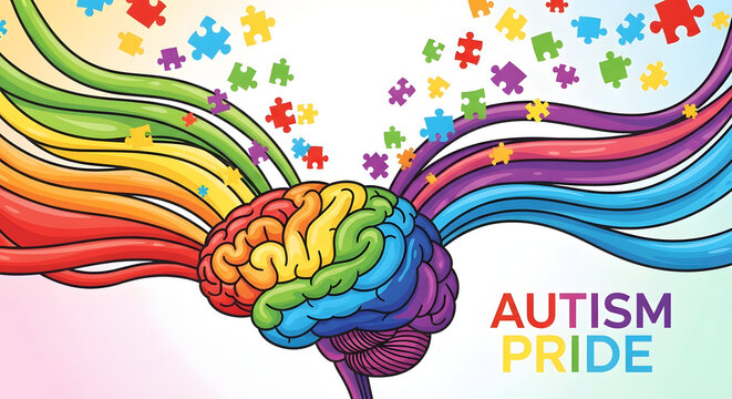 A colorful illustration of a brain composed of puzzle pieces representing autism pride and neurodiversity