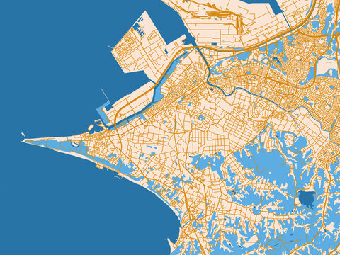 City map of Futtsu, Japan &mdash; warm neutral map design featuring golden roads, pale cream land and bright blue water accents