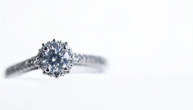 Elegant solitaire diamond engagement ring in close-up macro view on white background