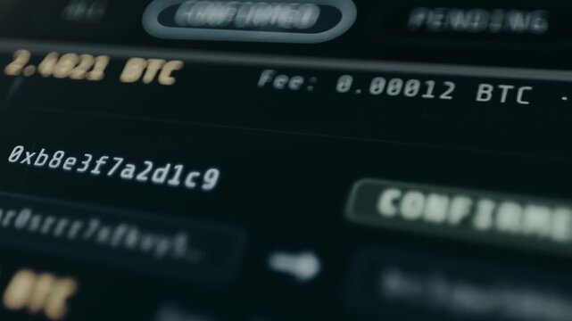 Scrolling the transaction list with FROM and TO addresses, amounts, fees, and status badge CONFIRMED. Blockchain Database