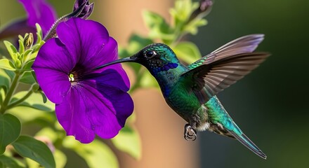 Obraz premium Hummingbird Feeding on a Vibrant Purple Flower in Natural Light.