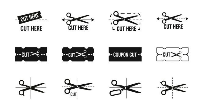 A collection of twelve black and white cut here icons featuring scissors and dashed guide lines