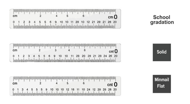 Three different styles of metric rulers with varied graduation markings and design labels displayed