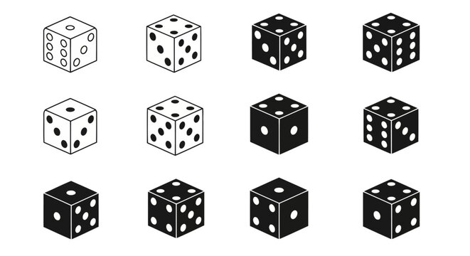A collection of twelve dice icons showing different variations of white and black cube designs