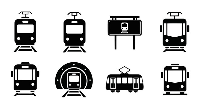 A collection of black and white vector icons depicting various trains and railway transportation