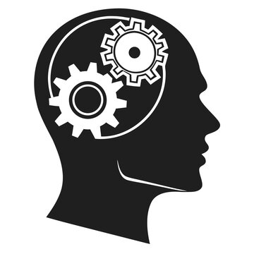 A black silhouette of a head with gears