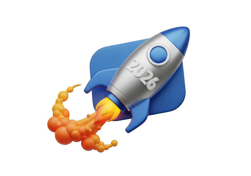 Colorful rocket ship blasting off with orange flames isolated on transparent background