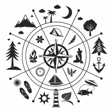Compass with travel and adventure icons