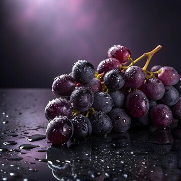 Purple grapes bunch on dark reflective surface, deep purple and black gradient background matching fruit tones