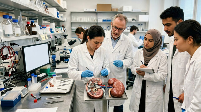 Scientist woman leading a group of medical students in a laboratory to examine a human kidney model. Academic research and anatomy education concept for doctors and biology science.
