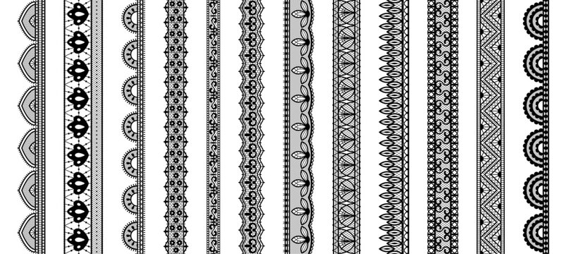 Lace vector set with edge trim line and band frill or mesh net loop curl. Fine craft style with bead dot ring arch for black white sheer veil. soft flat frame with knit stitch seam for cloth.