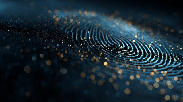 A futuristic fingerprint scan with glowing blue lines and gold dots on a dark background