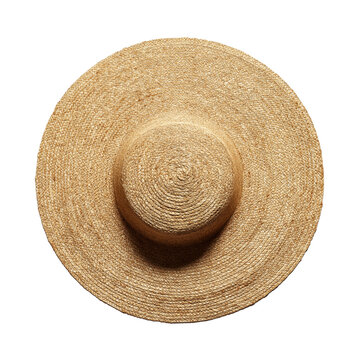 Classic wide-brimmed beige straw sun hat viewed from the top down with intricate spiraling woven textures isolated on transparent background.