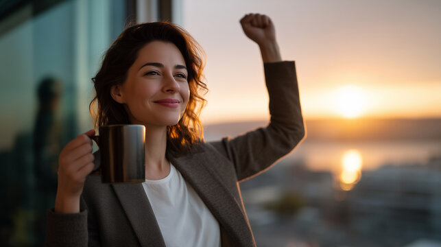 Solo businesswoman celebrates successful grant approval alone in minimalist studio apartment raising coffee mug toward spring sunrise streaming through window, ideal for entreprene