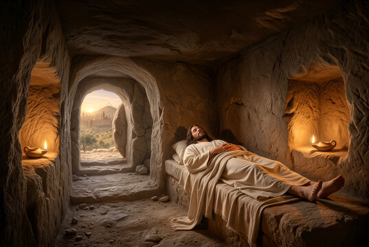 Jesus laid in a tomb carved in rock