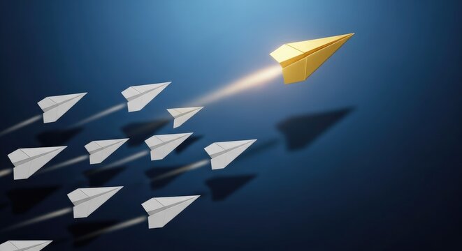 Golden paper airplane leading other paper airplanes on blue background