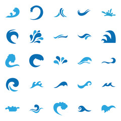 Fototapeta premium Water waves icon. Set of stylized wave and water splash icons representing ocean motion, fluid shapes, and decorative design elements.