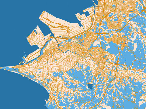 Street network map of Kimitsu, Japan, mustard-gold streets on cream