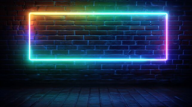 A vibrant neon rectangle glows brightly on a dark brick wall at night