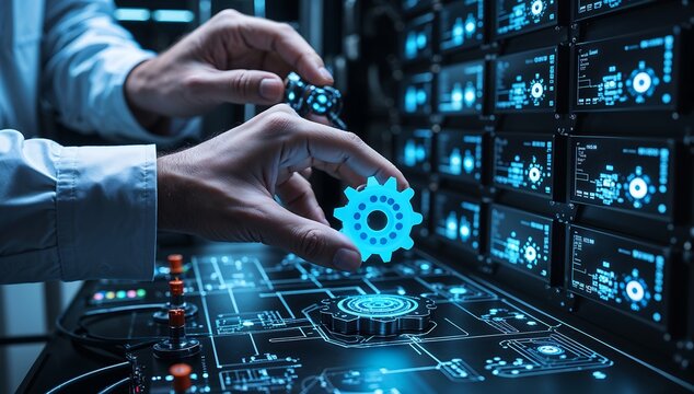 Close-up of a person's hands interacting with a futuristic control panel with glowing blue gears and circuits, representing technology and innovation in a sci-fi setting.