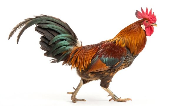 Rooster fowl poultry chicken bird standing isolated on white background With shadow. AI GENERATED.